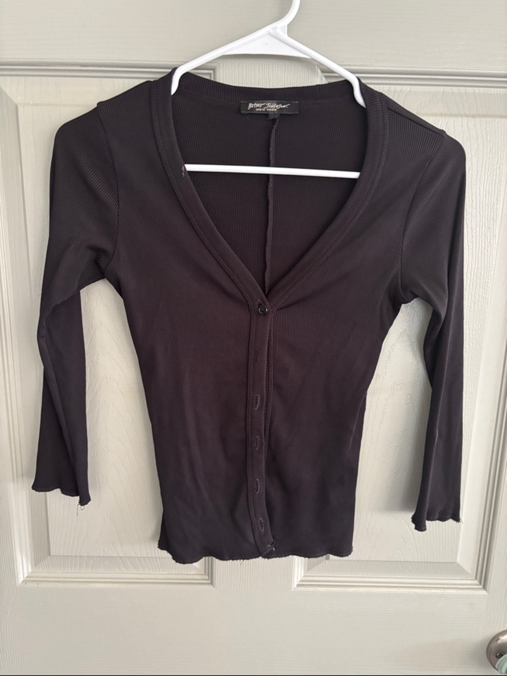 Peter Nygard Black Ribbed Button-Front Slim Top